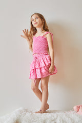 Georgia Pink With Red Hearts Satin Smocked Top