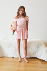 Lexi Pastel Pink Ditsy Satin Smocked Short Sleeve Ruffle Dress