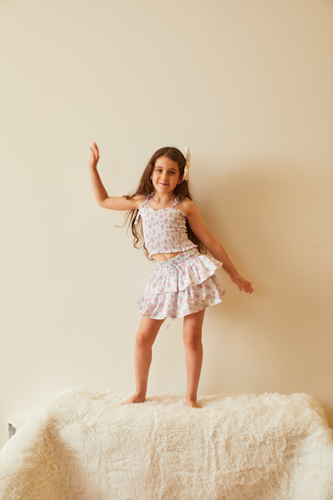 Georgia Romantic Rose White With Pink Satin Smocked Top
