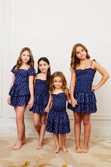 Lola Navy Rose Satin Smocked Ruffle Dress (S26)