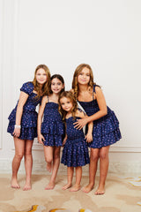 Lola Navy Rose Satin Smocked Ruffle Dress (S26)