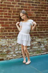 Lexi Petite Heart Satin Smocked Short Sleeve Ruffle Dress