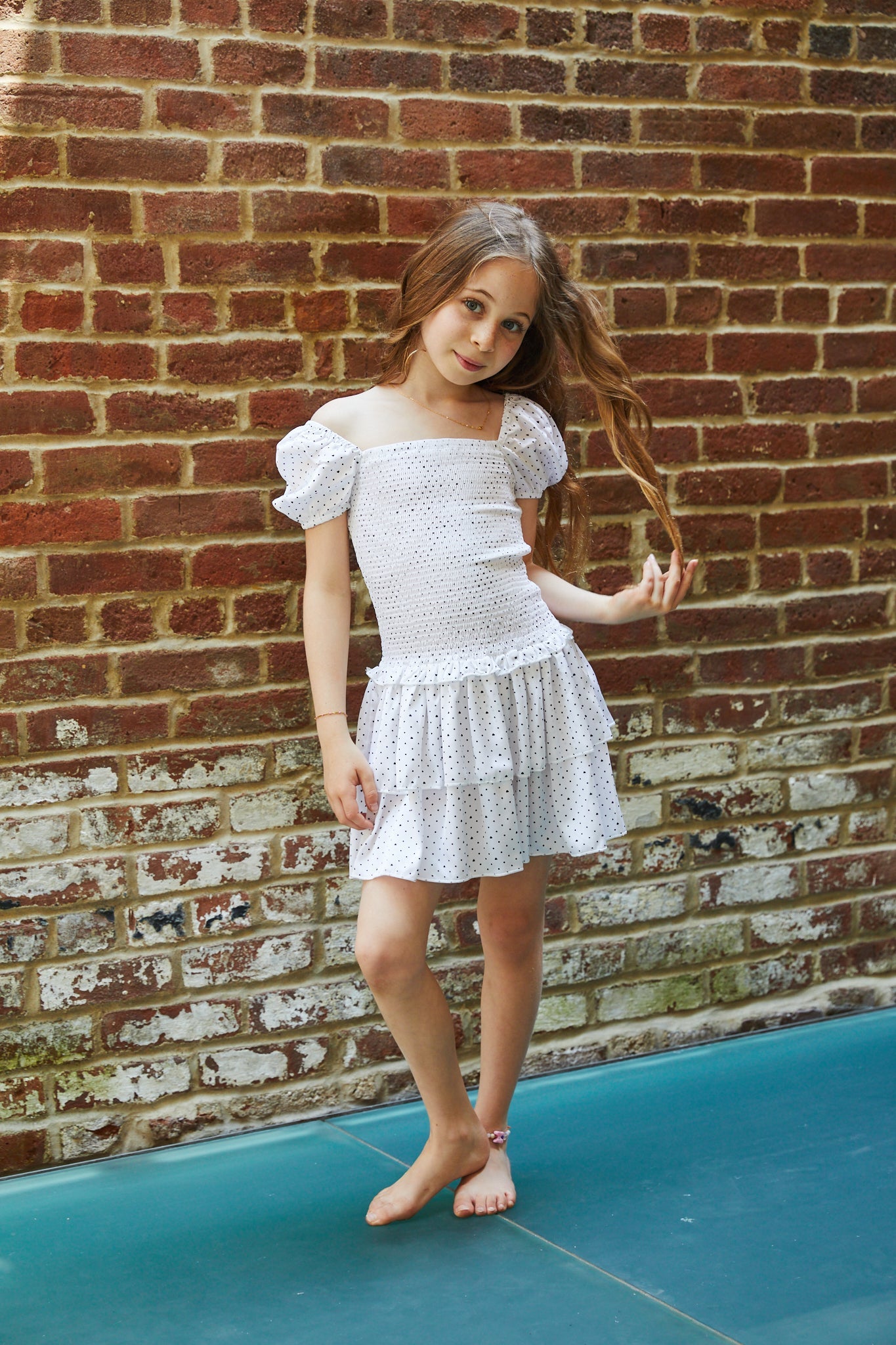 Lexi Petite Heart Satin Smocked Short Sleeve Ruffle Dress