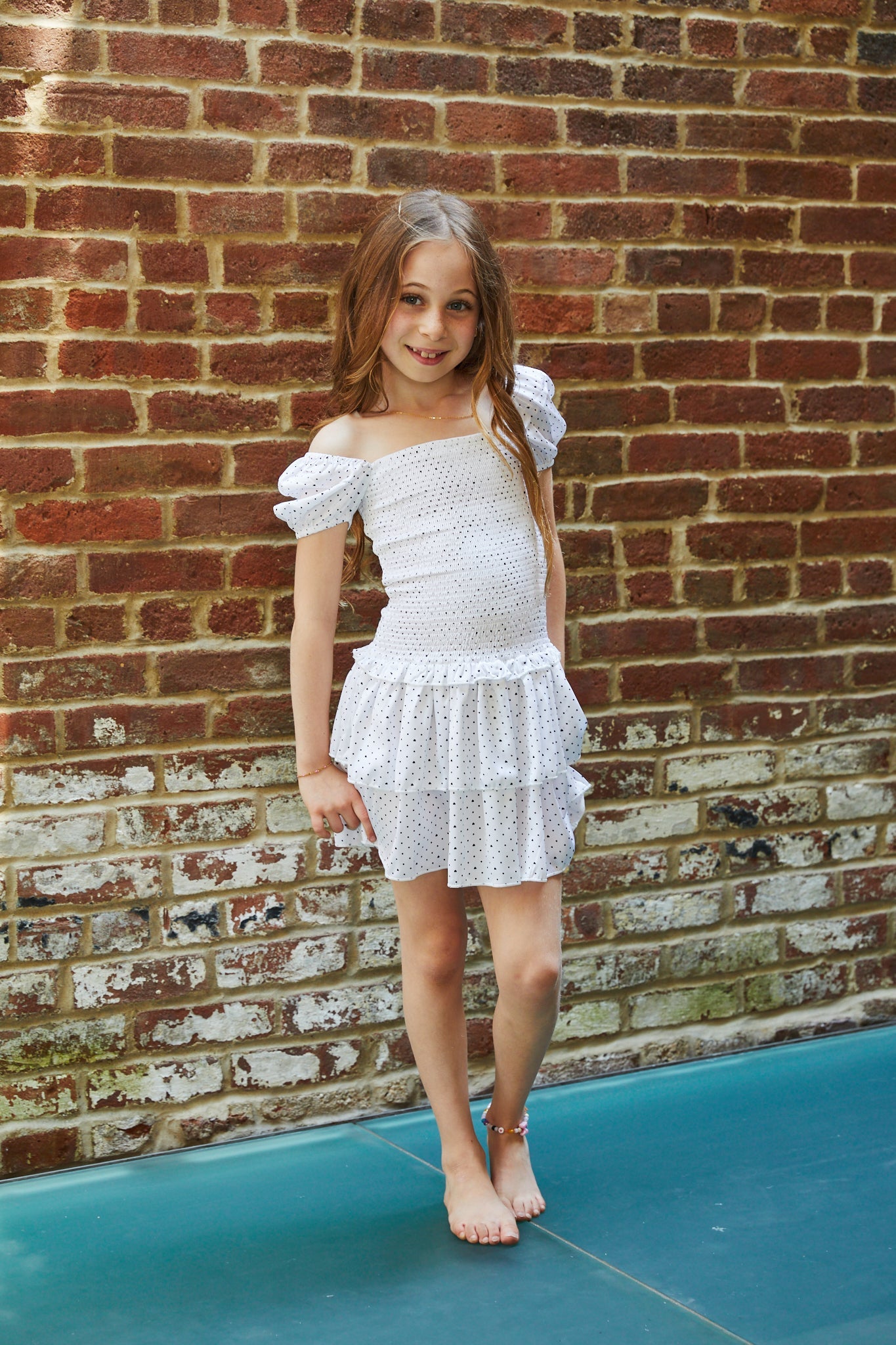 Lexi Petite Heart Satin Smocked Short Sleeve Ruffle Dress