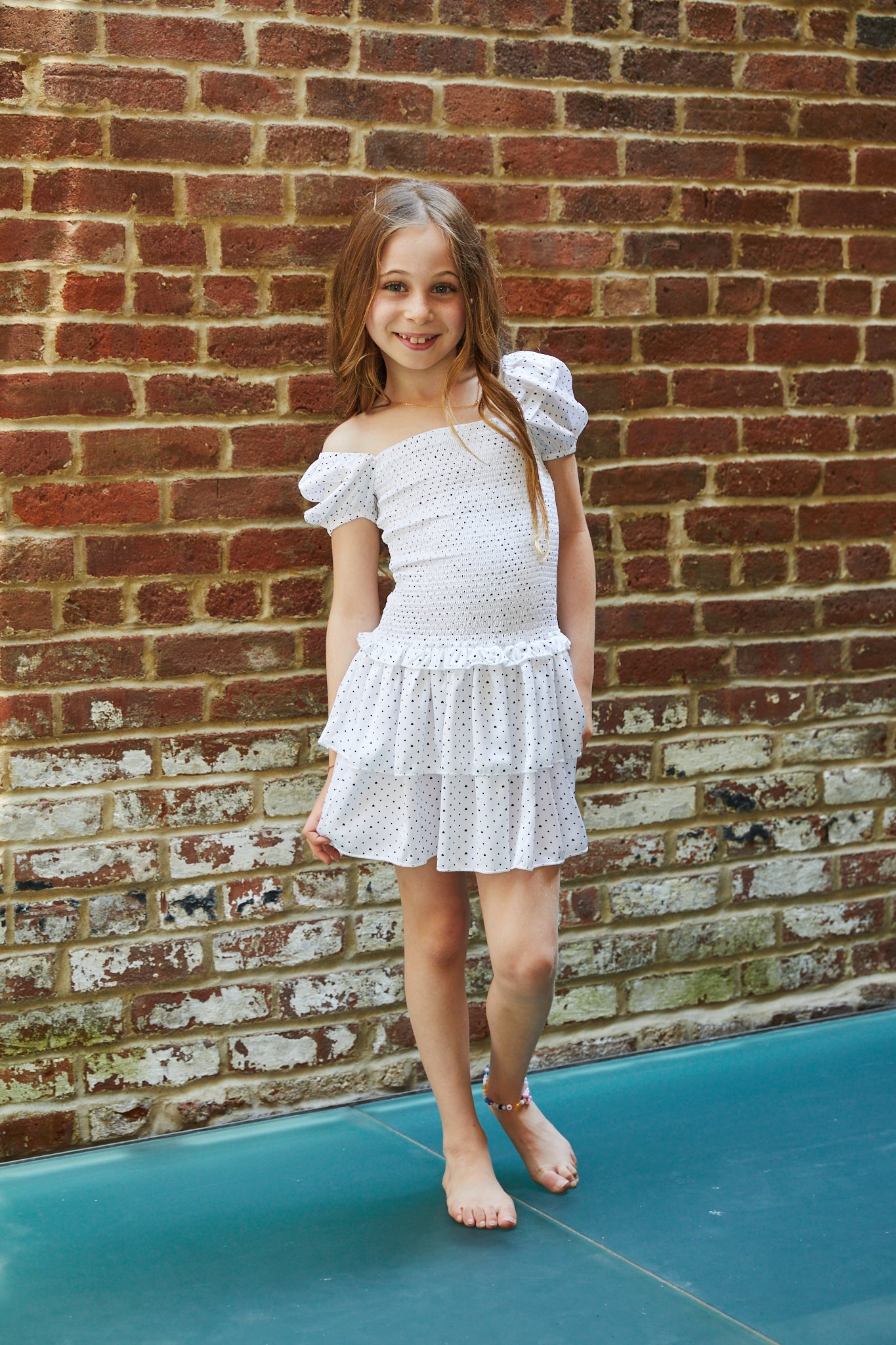 Lexi Petite Heart Satin Smocked Short Sleeve Ruffle Dress