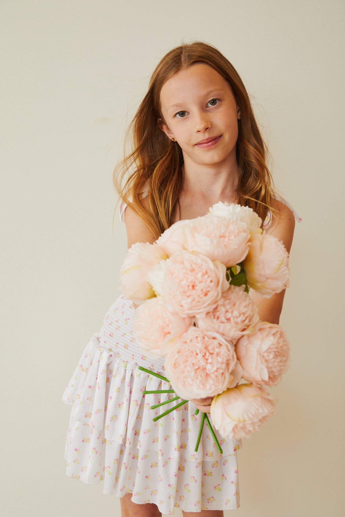 Lola White With Pastel Yellow Ditsy Satin Smocked Ruffle Dress
