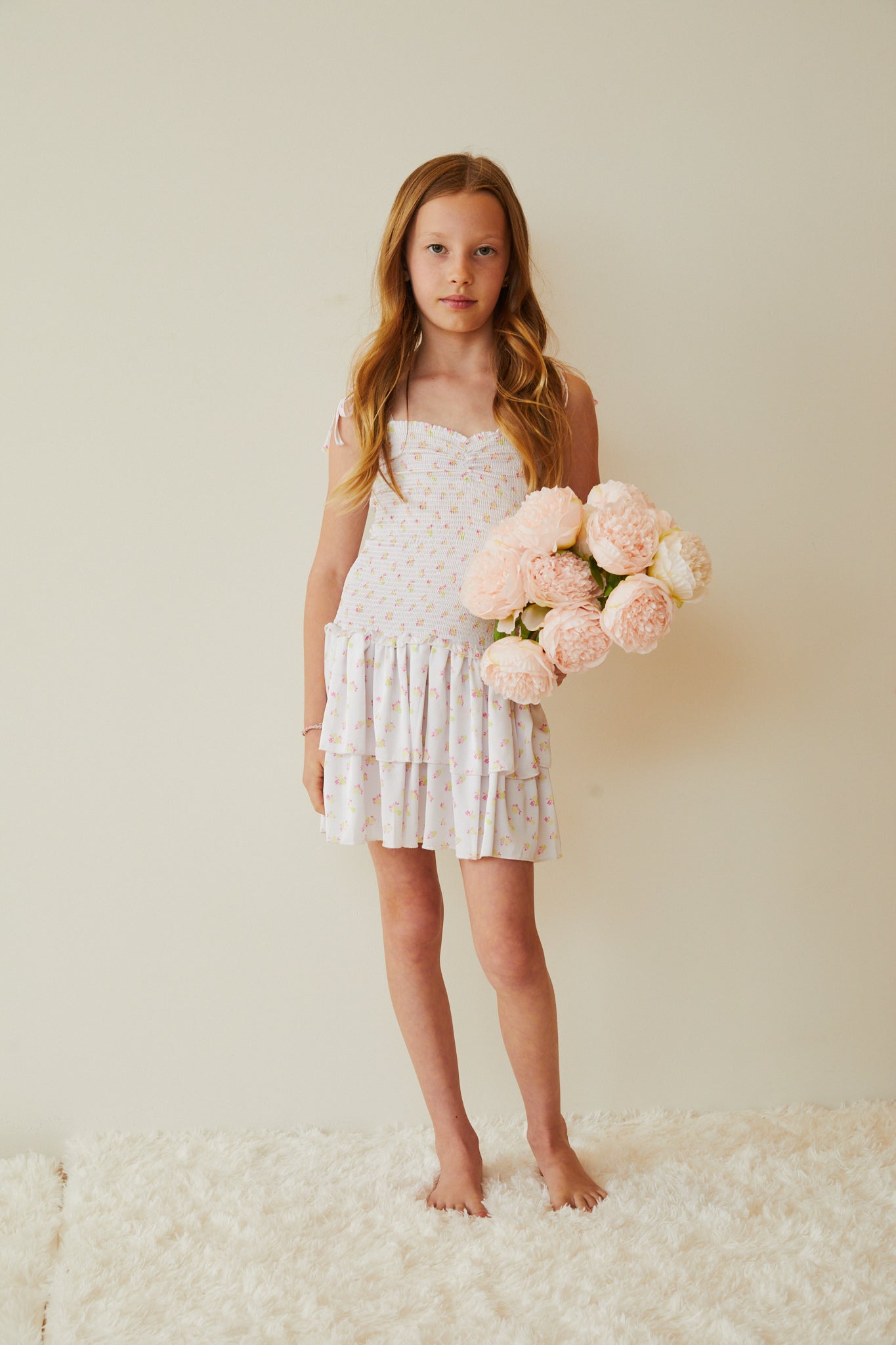 Lola White With Pastel Yellow Ditsy Satin Smocked Ruffle Dress