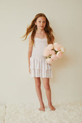 Lola White With Pastel Yellow Ditsy Satin Smocked Ruffle Dress