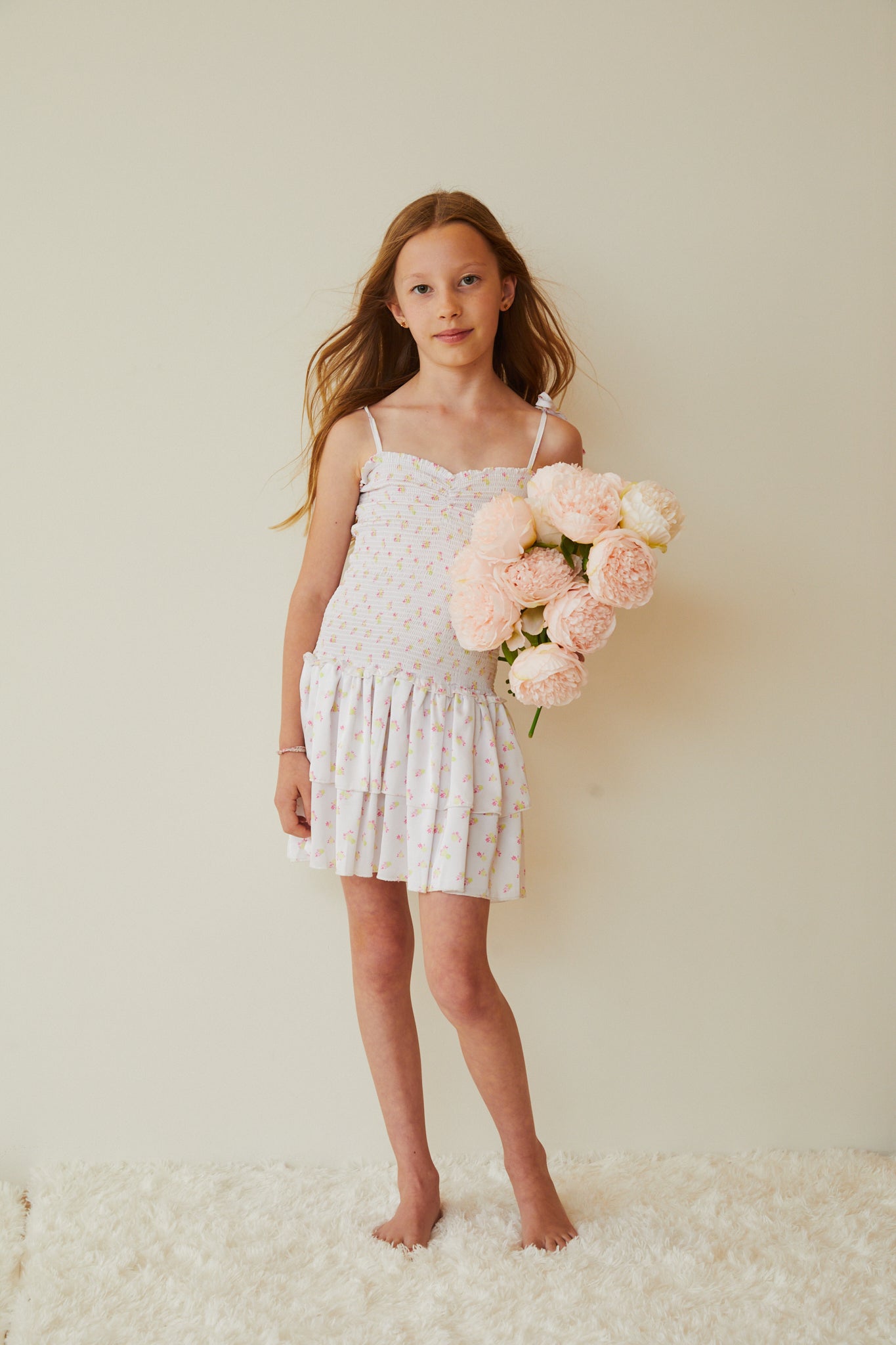 Lola White With Pastel Yellow Ditsy Satin Smocked Ruffle Dress