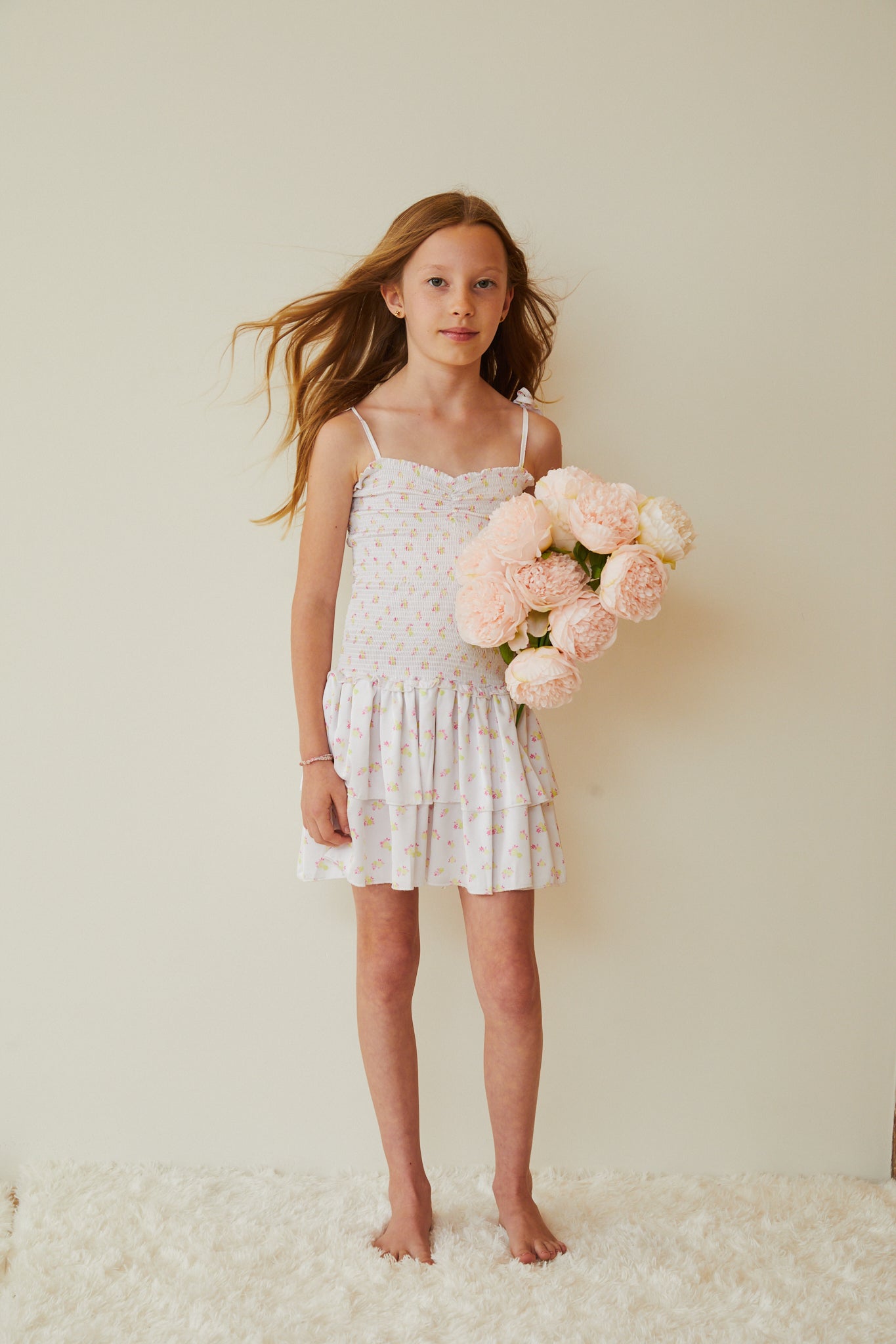 Lola White With Pastel Yellow Ditsy Satin Smocked Ruffle Dress