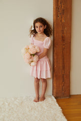 Lexi Pastel Pink Satin Smocked Short Sleeve Ruffle Dress