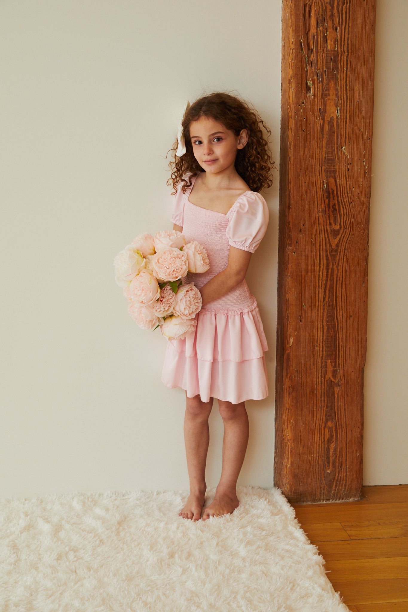 Lexi Pastel Pink Satin Smocked Short Sleeve Ruffle Dress