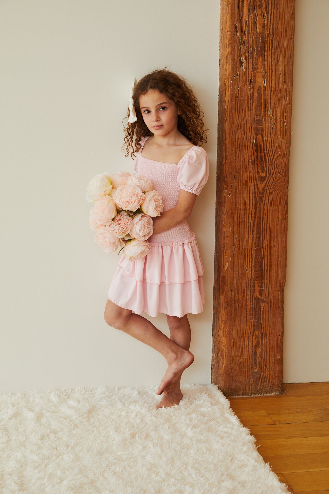 Lexi Pastel Pink Satin Smocked Short Sleeve Ruffle Dress