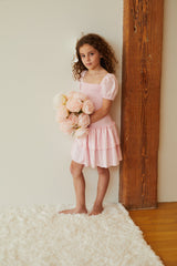 Lexi Pastel Pink Satin Smocked Short Sleeve Ruffle Dress