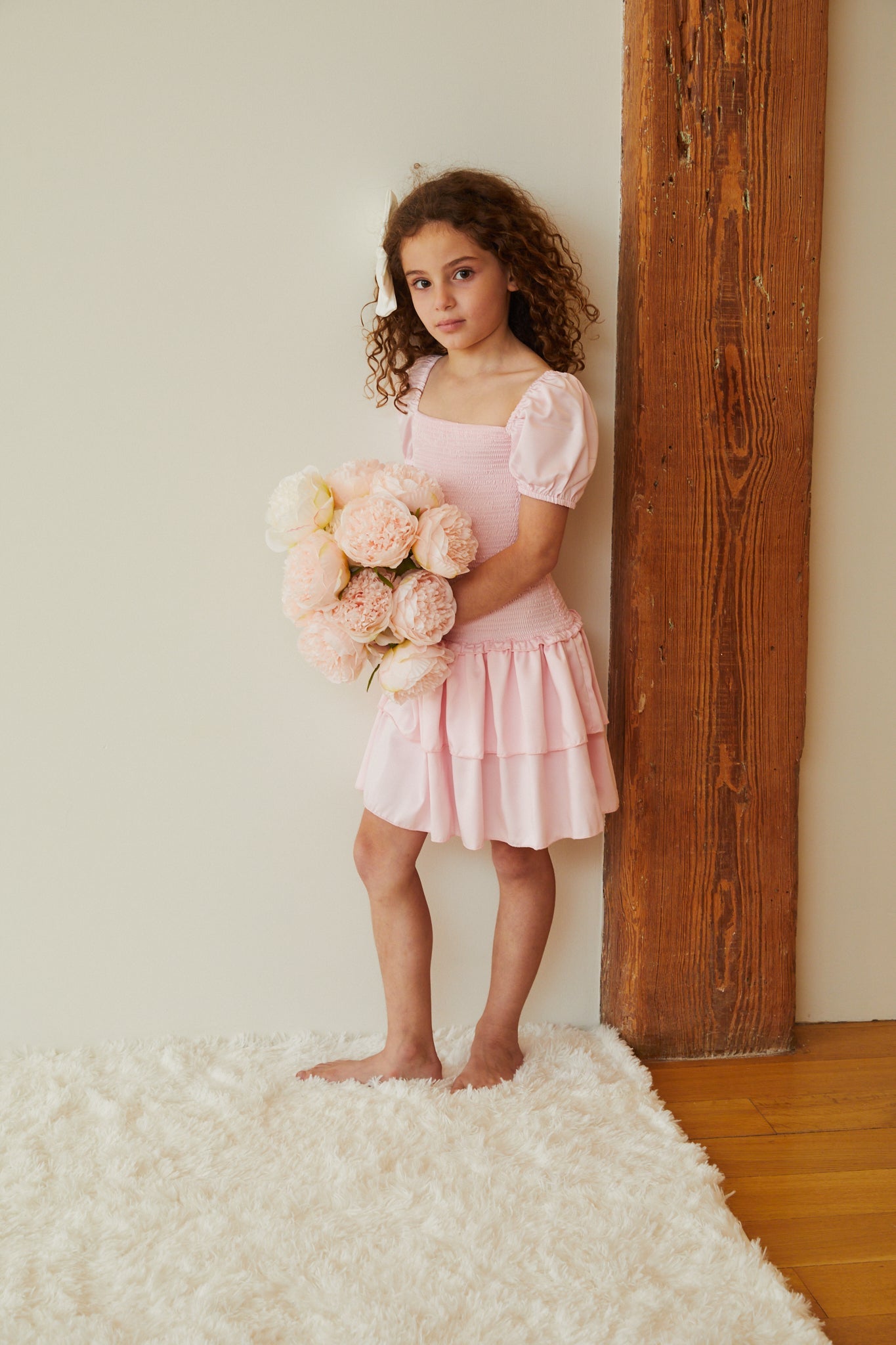 Lexi Pastel Pink Satin Smocked Short Sleeve Ruffle Dress