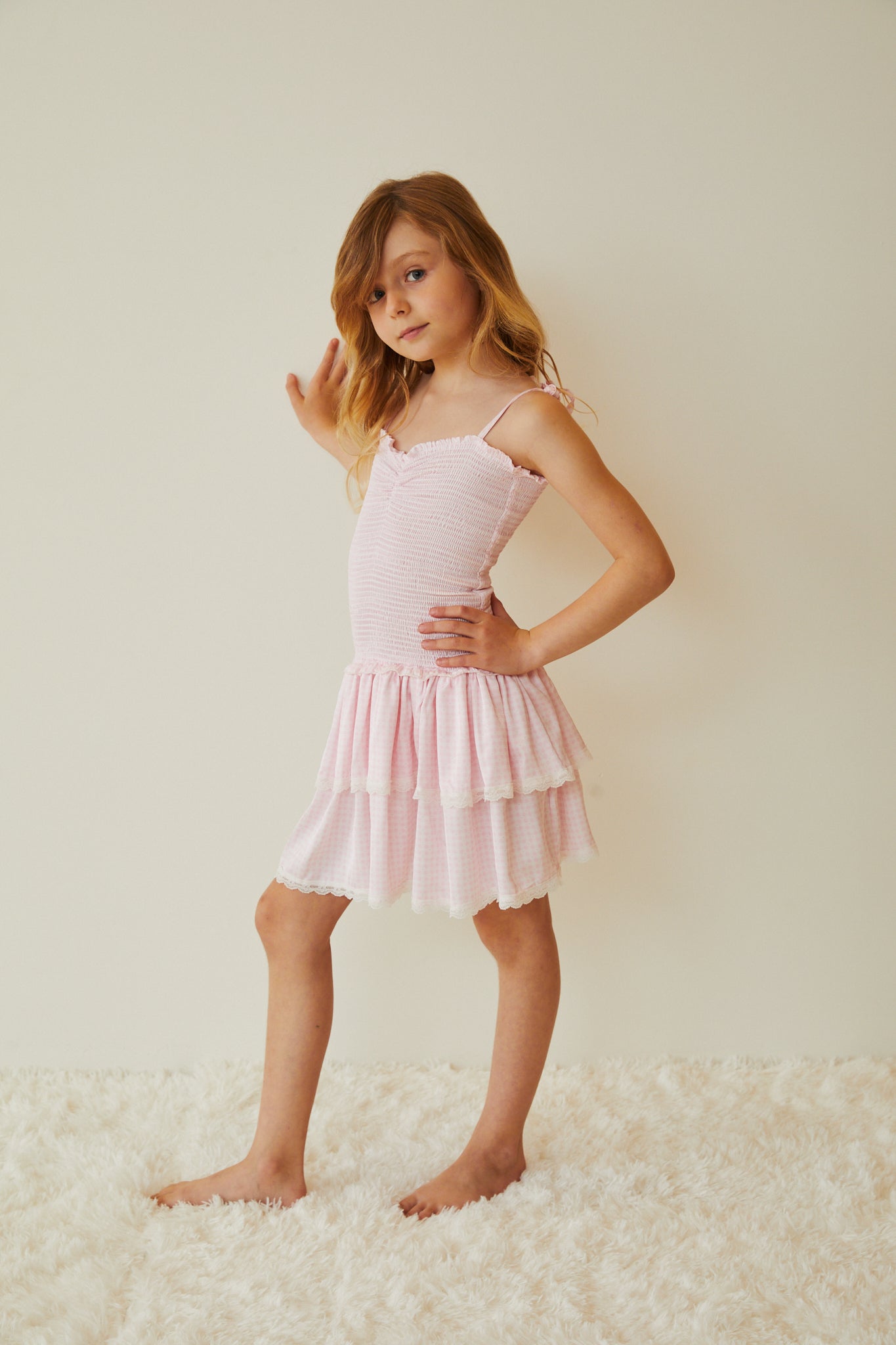 Lola Pastel Pink & White Gingham Hearts Satin Smocked Ruffle Dress