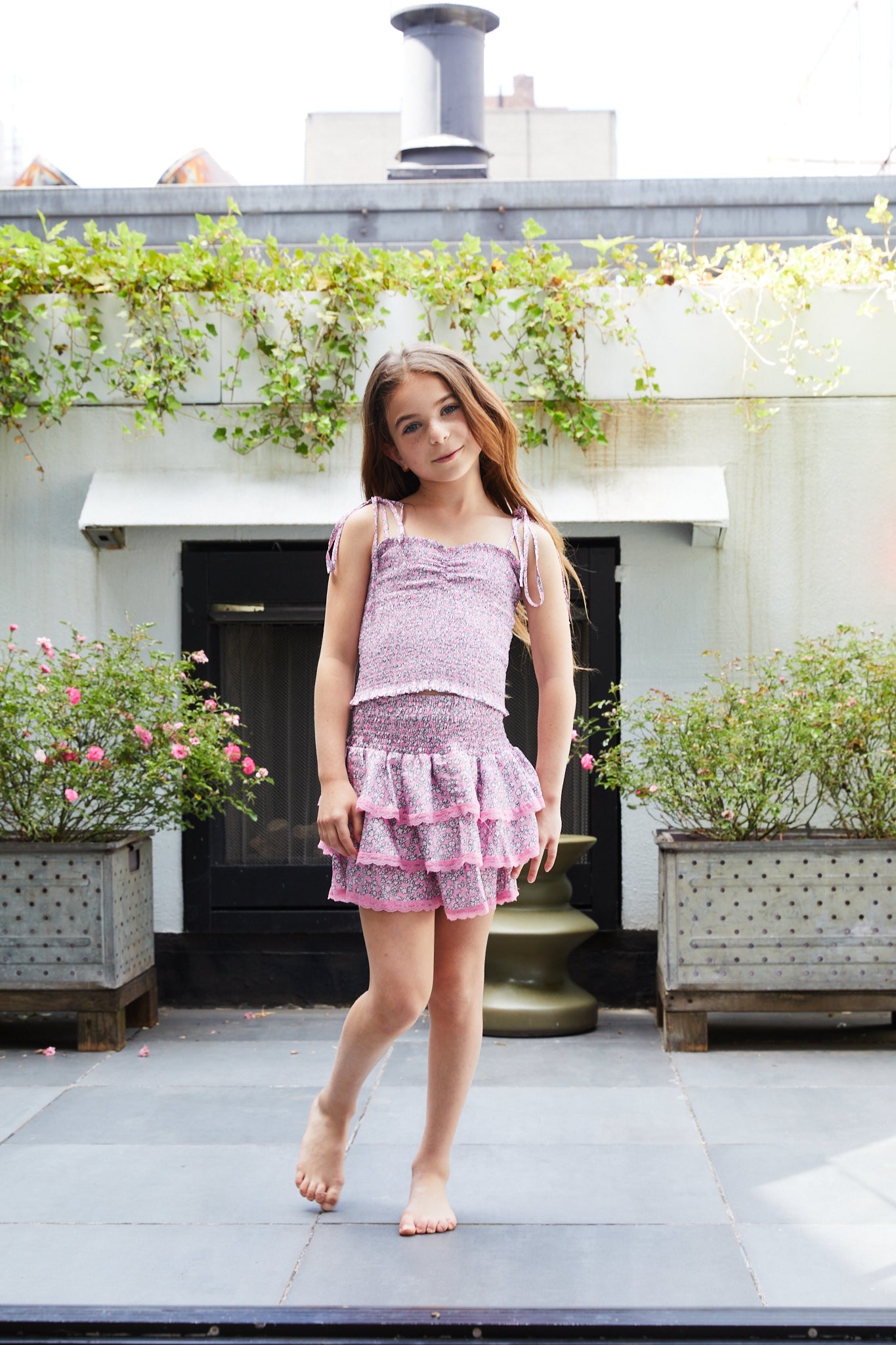 Georgia Pink Ditsy Satin Smocked Top