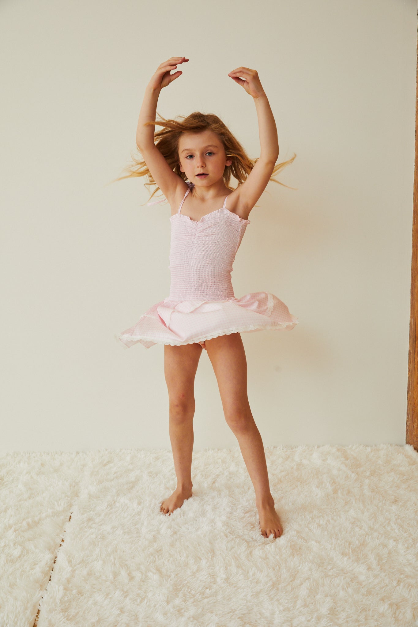 Lola Pastel Pink & White Gingham Hearts Satin Smocked Ruffle Dress