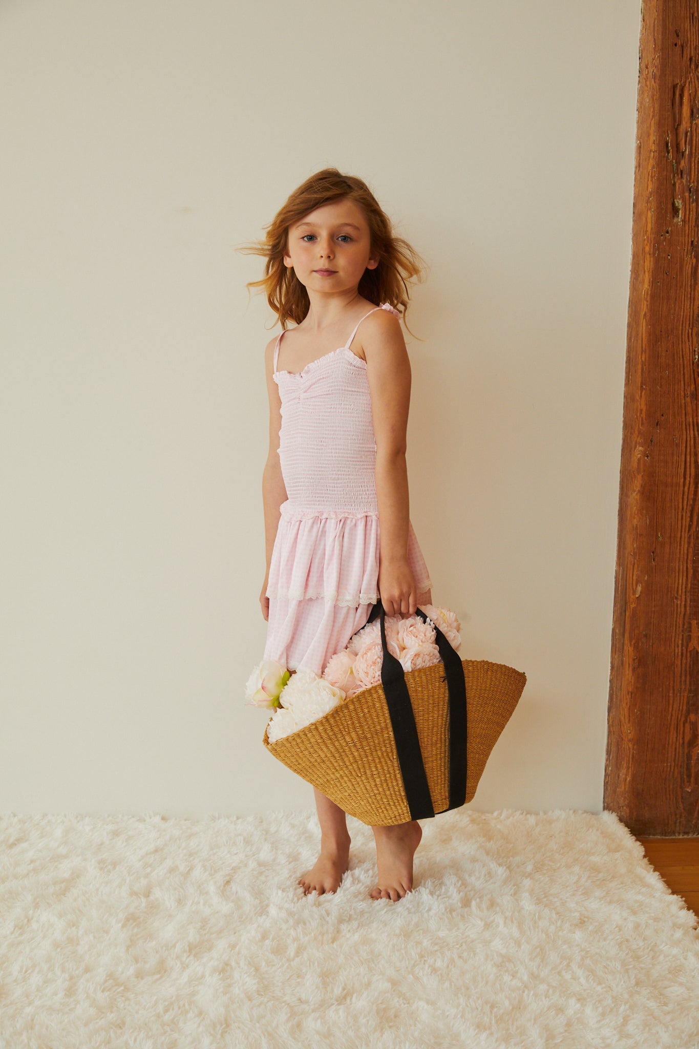 Lola Pastel Pink & White Gingham Hearts Satin Smocked Ruffle Dress