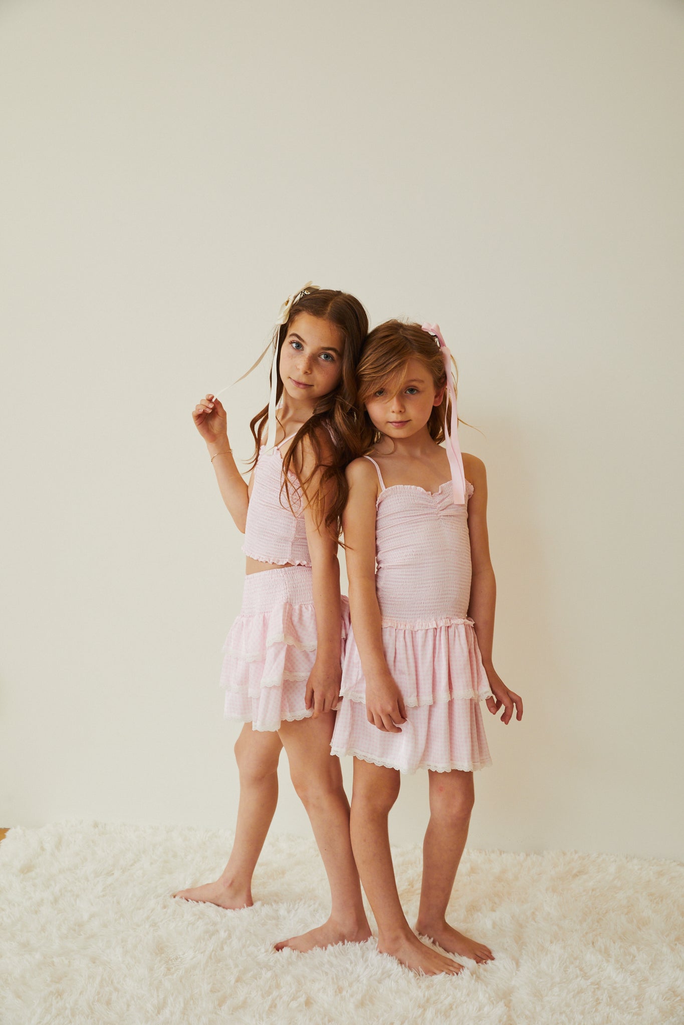 Georgia Pastel Pink & White Gingham Hearts Satin Smocked Top