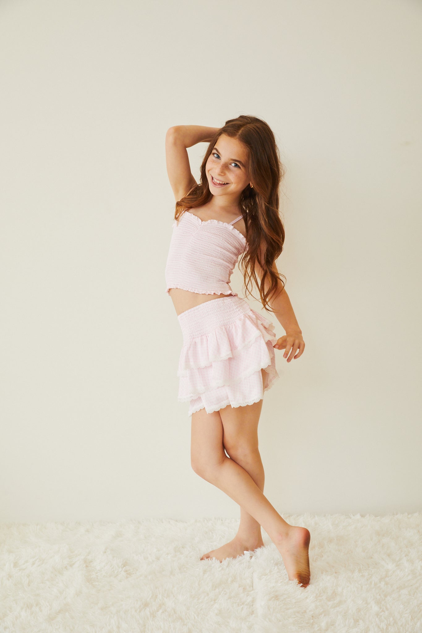 Georgia Pastel Pink & White Gingham Hearts Satin Smocked Top