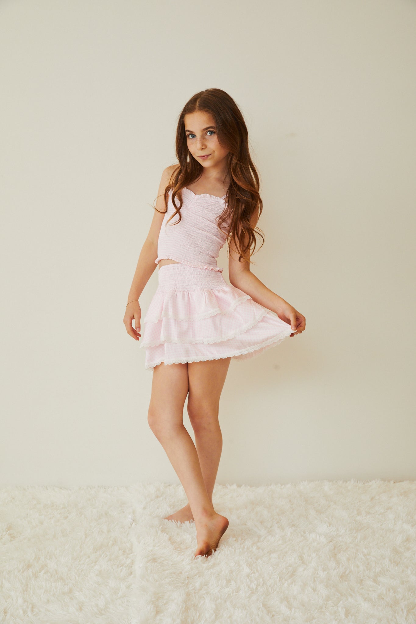Gemma Pastel Pink & White Gingham Hearts Satin Mini Skirt