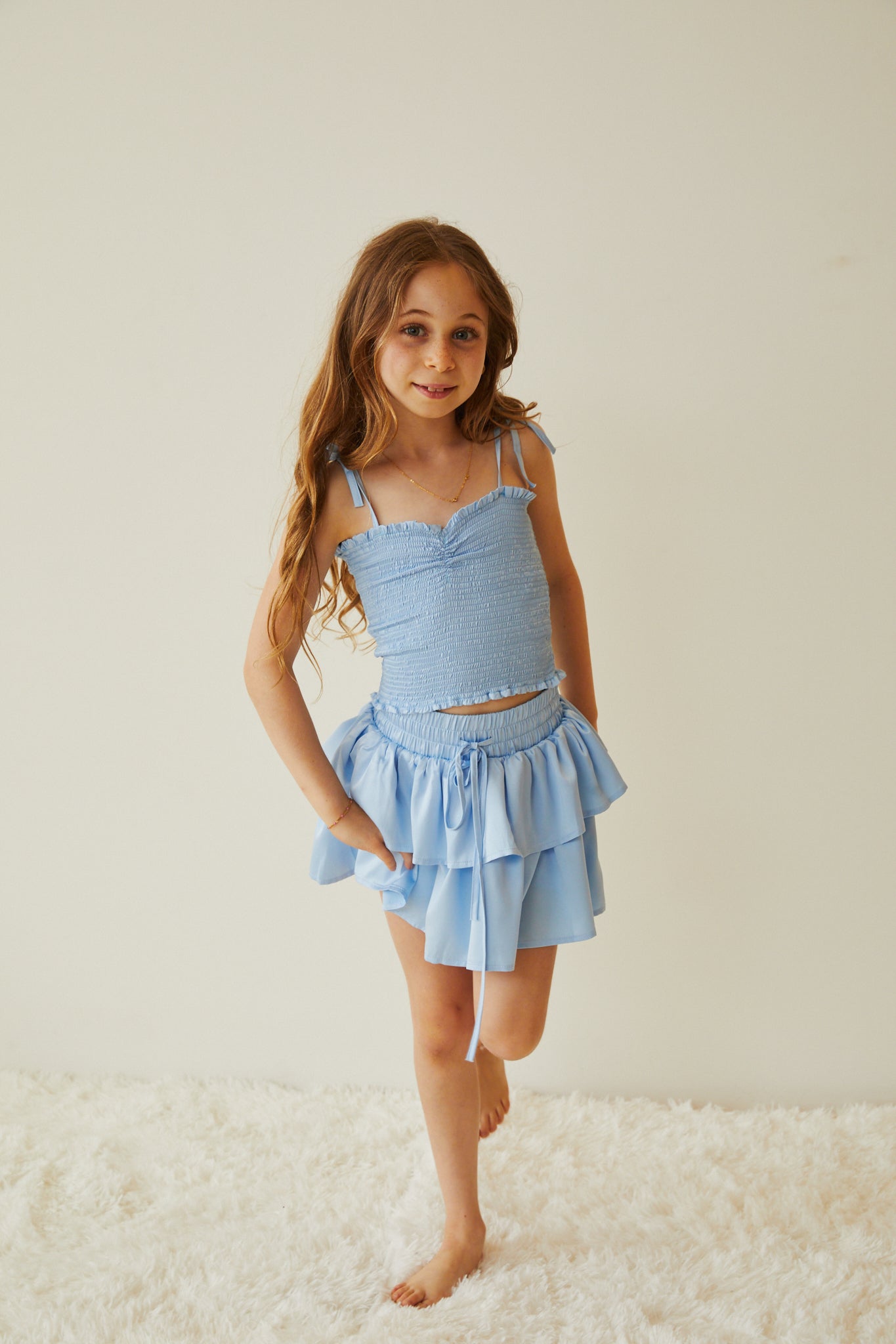 Georgia Pastel Blue Satin Smocked Top