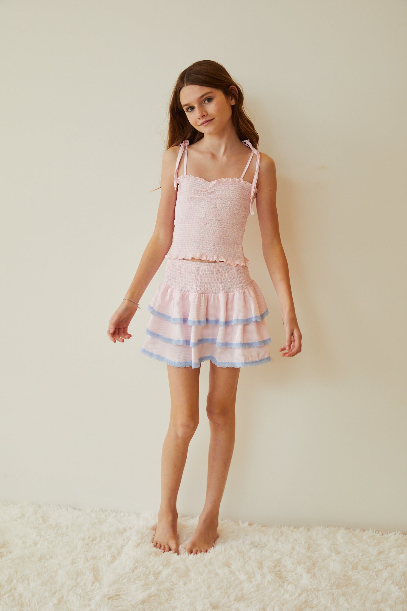 Georgia Pastel Pink Pin Strips Satin Smocked Top