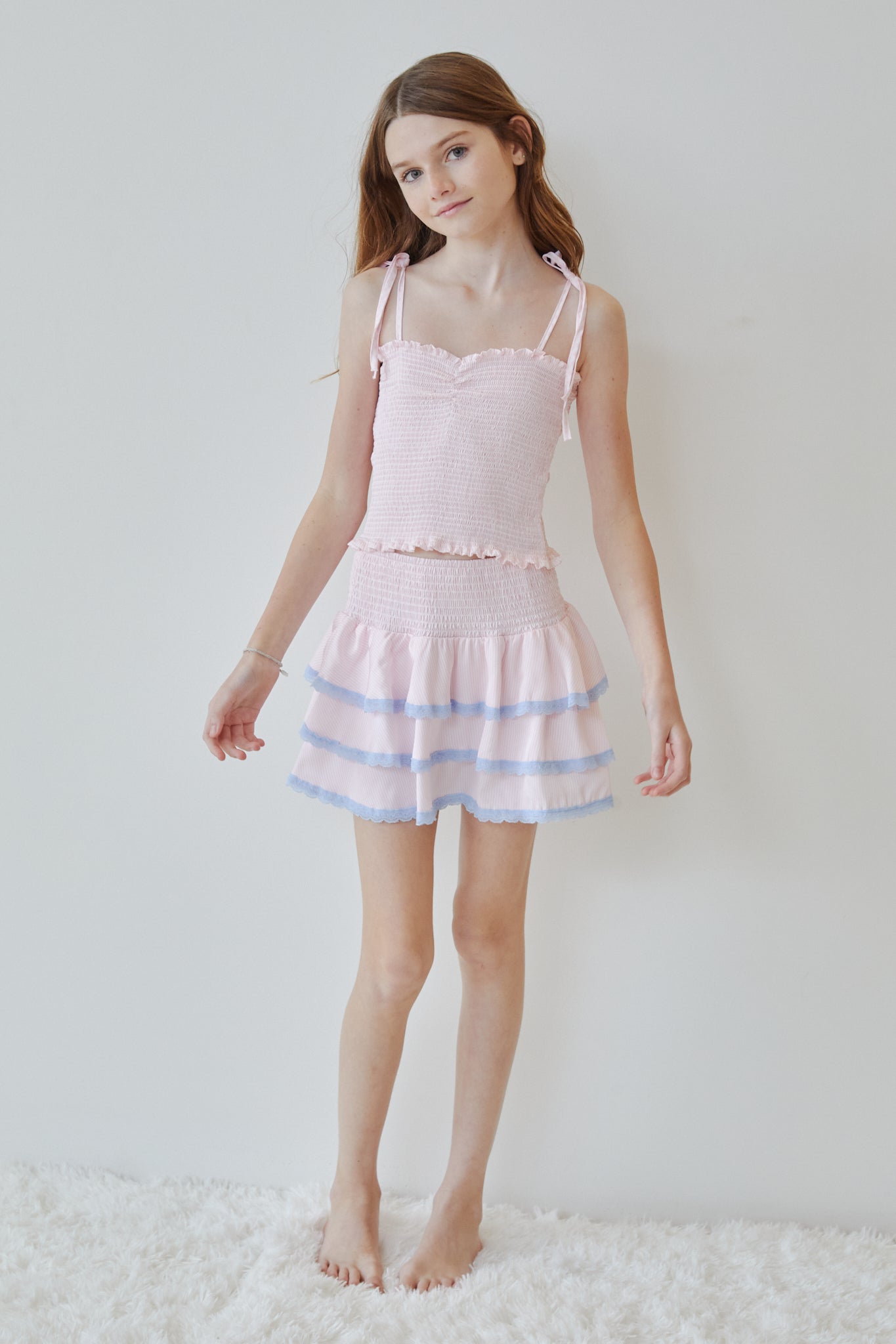 Georgia Pastel Pink Pin Strips Satin Smocked Top