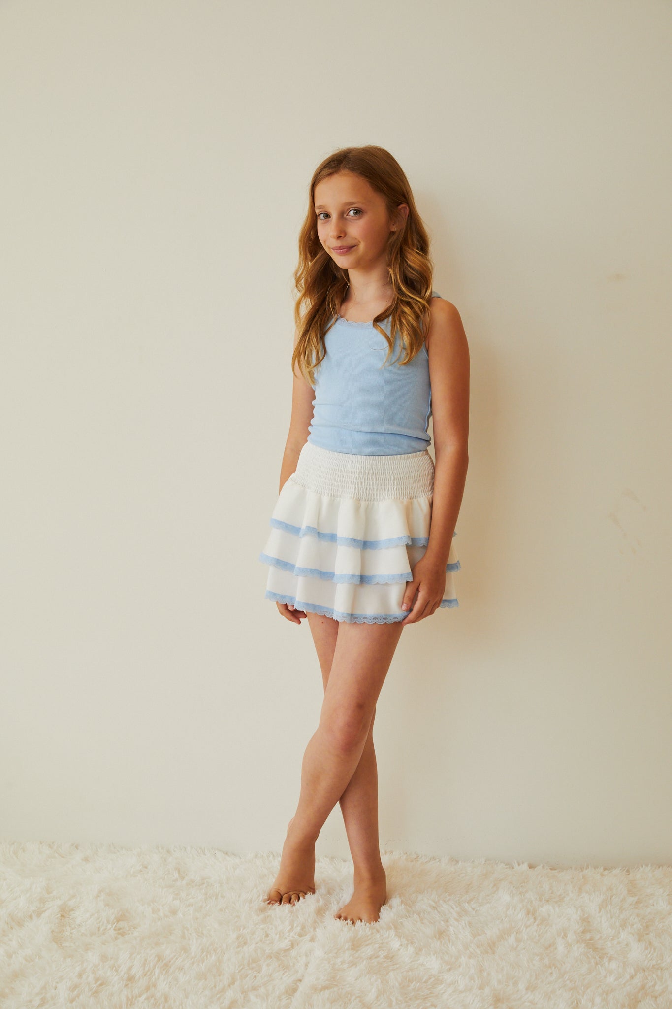 Gemma White With Blue Lace Satin Mini Skirt