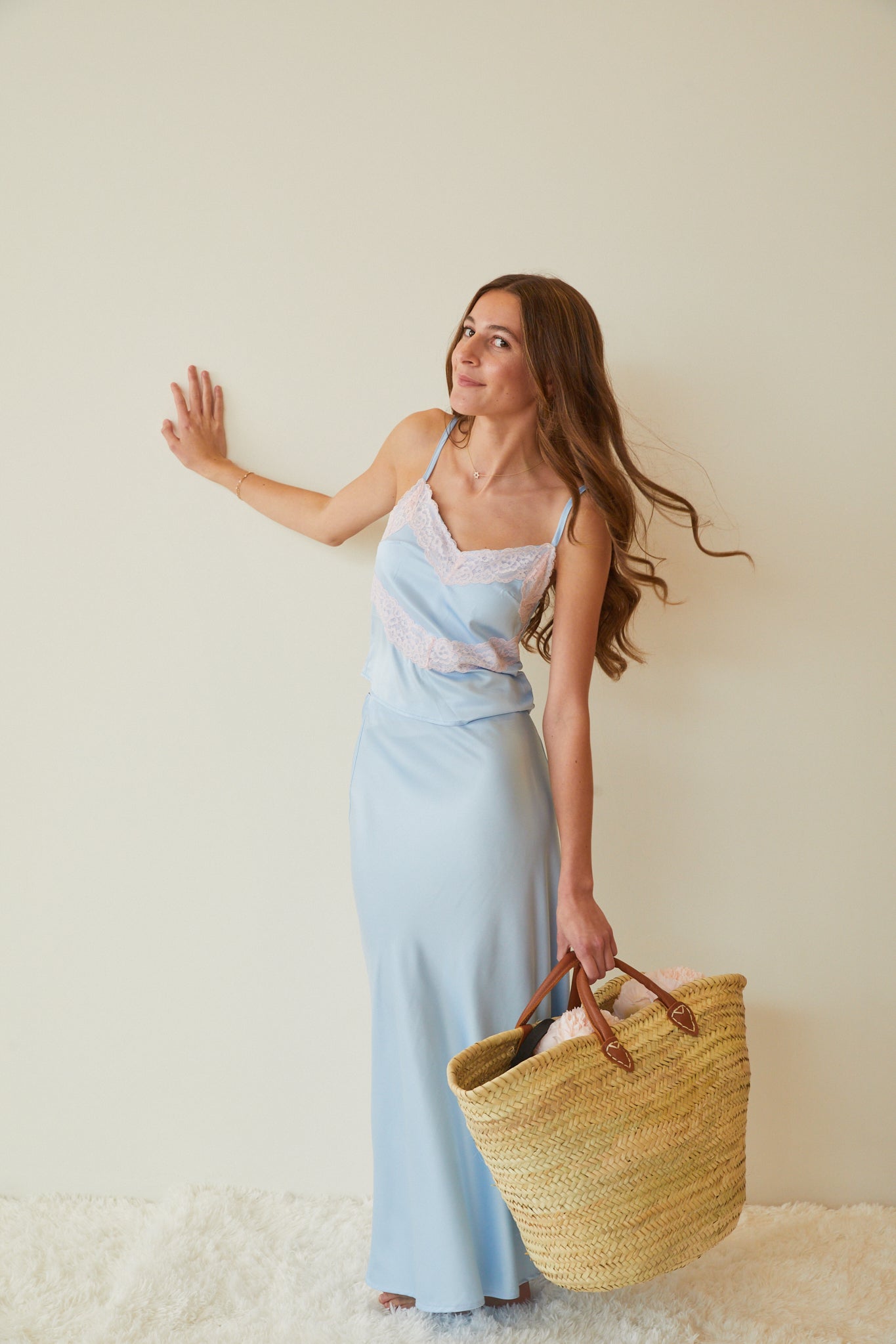 Margot Pastel Blue Satin Tank With Lace Trim