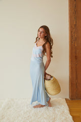 Margot Pastel Blue Satin Tank With Lace Trim