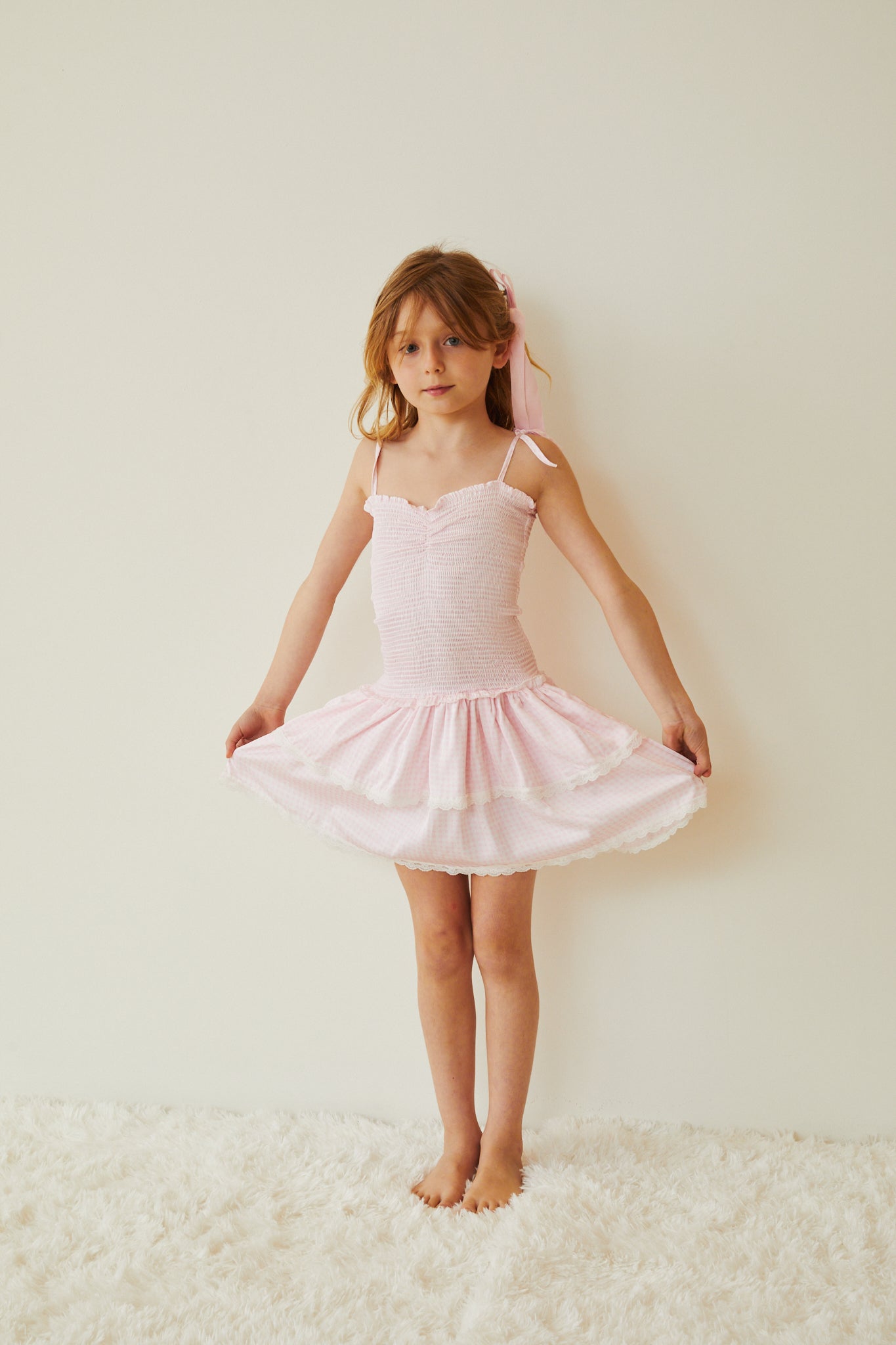 Lola Pastel Pink & White Gingham Hearts Satin Smocked Ruffle Dress