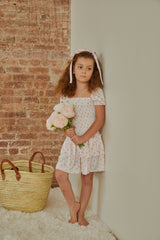 Lexi White With Pastel Pink Ditsy Satin Smocked Short Sleeve Ruffle Dress
