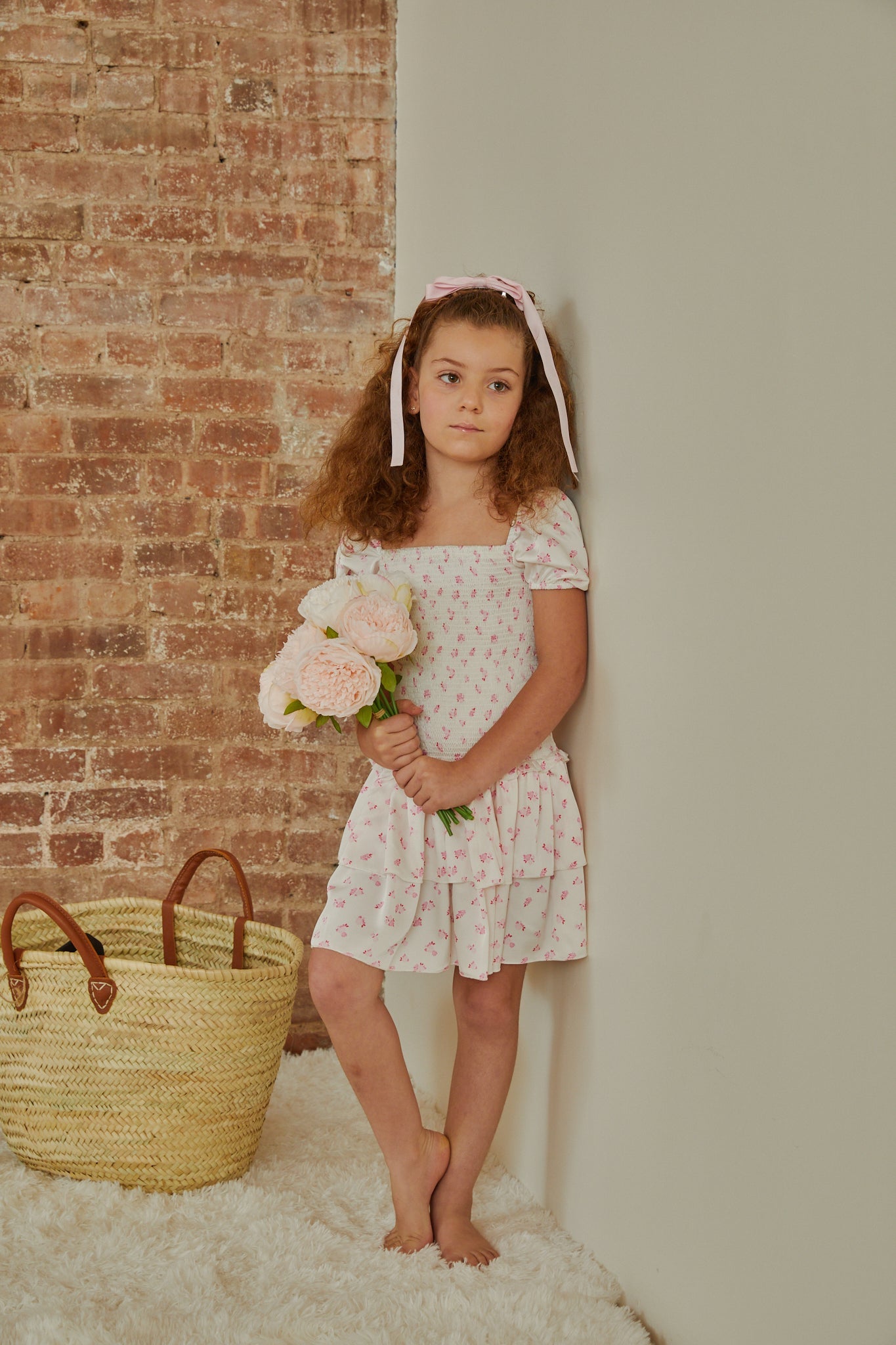 Lexi White With Pastel Pink Ditsy Satin Smocked Short Sleeve Ruffle Dress