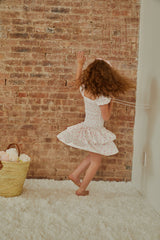 Lexi White With Pastel Pink Ditsy Satin Smocked Short Sleeve Ruffle Dress