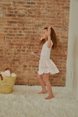 Lexi White With Pastel Pink Ditsy Satin Smocked Short Sleeve Ruffle Dress