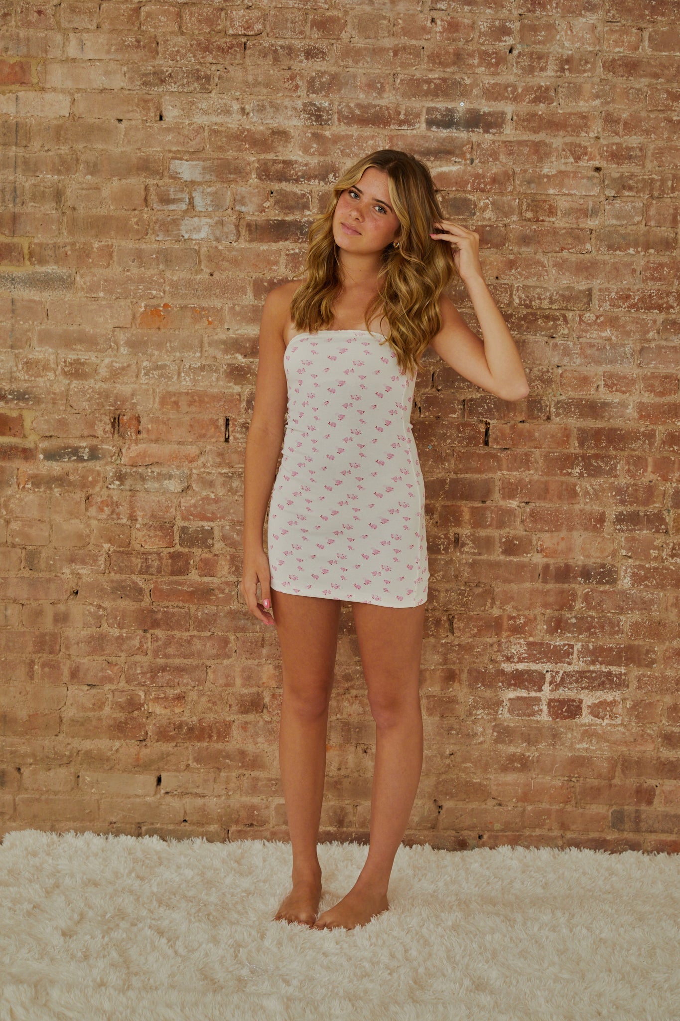 Stevie White With Pastel Pink Ditsy Tube Dress
