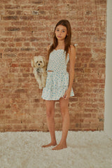 Georgia White With Pastel Blue Ditsy Satin Smocked Top