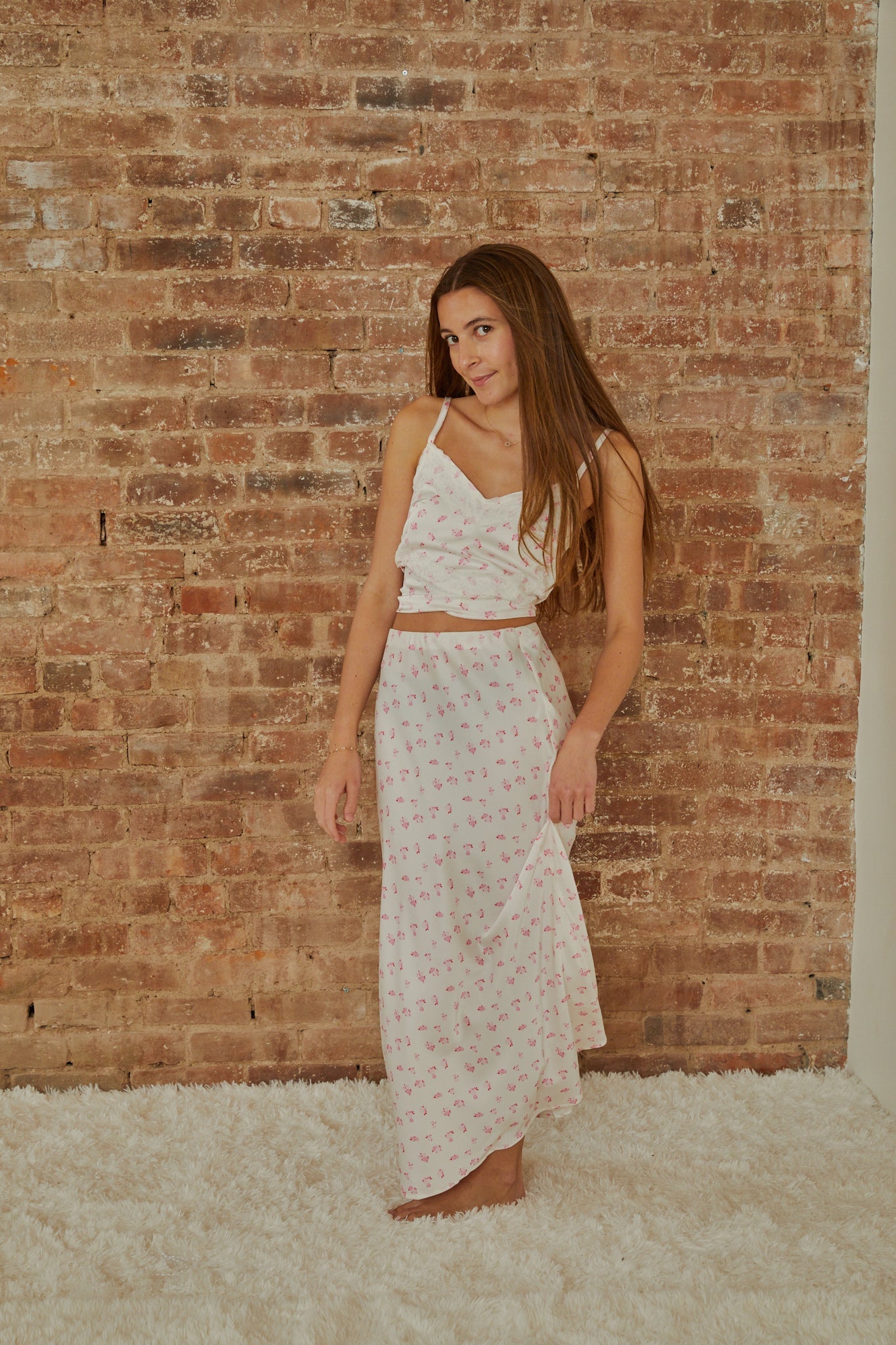 Joey White With Pastel Pink Ditsy Satin Maxi