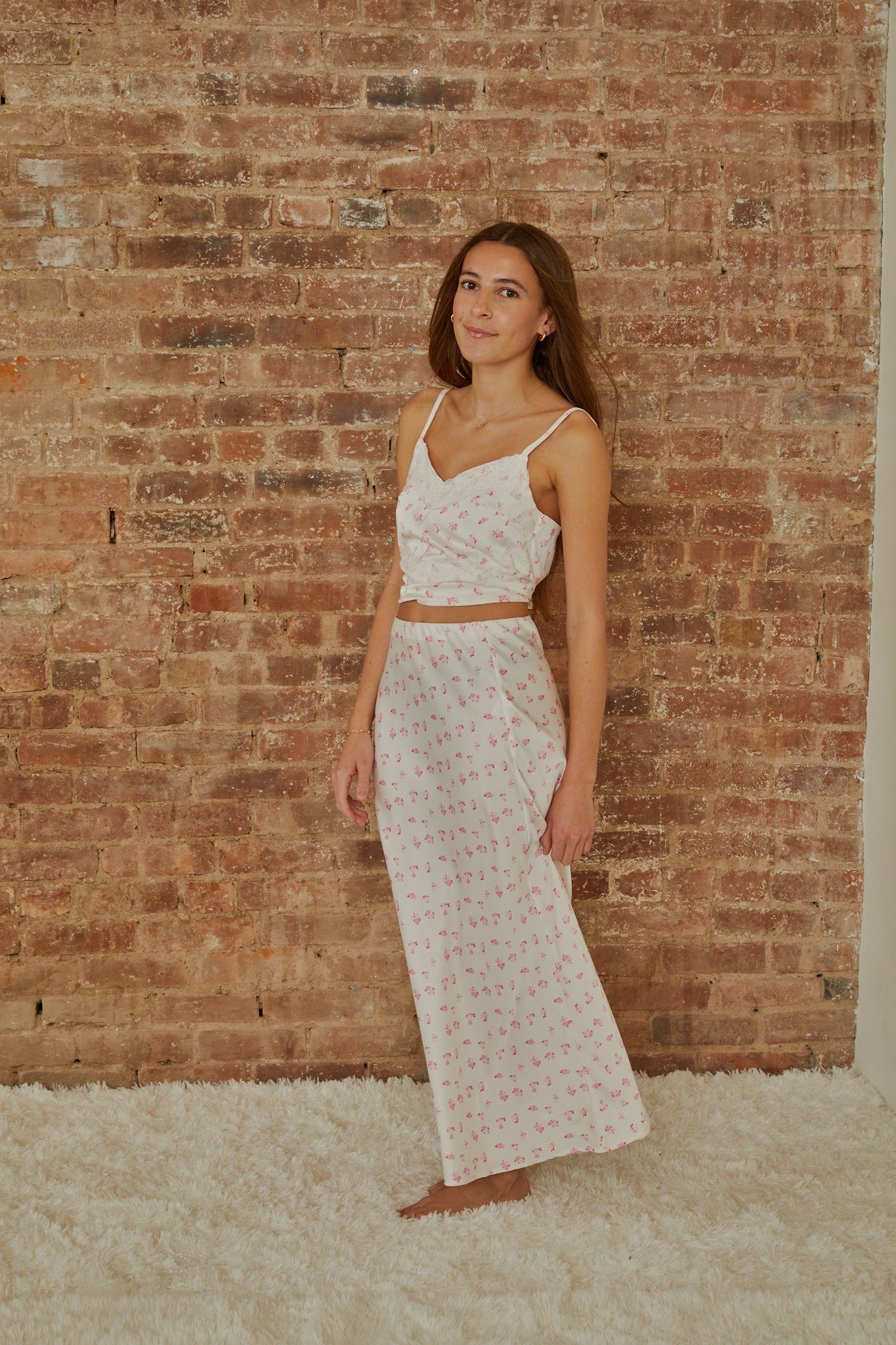 Joey White With Pastel Pink Ditsy Satin Maxi