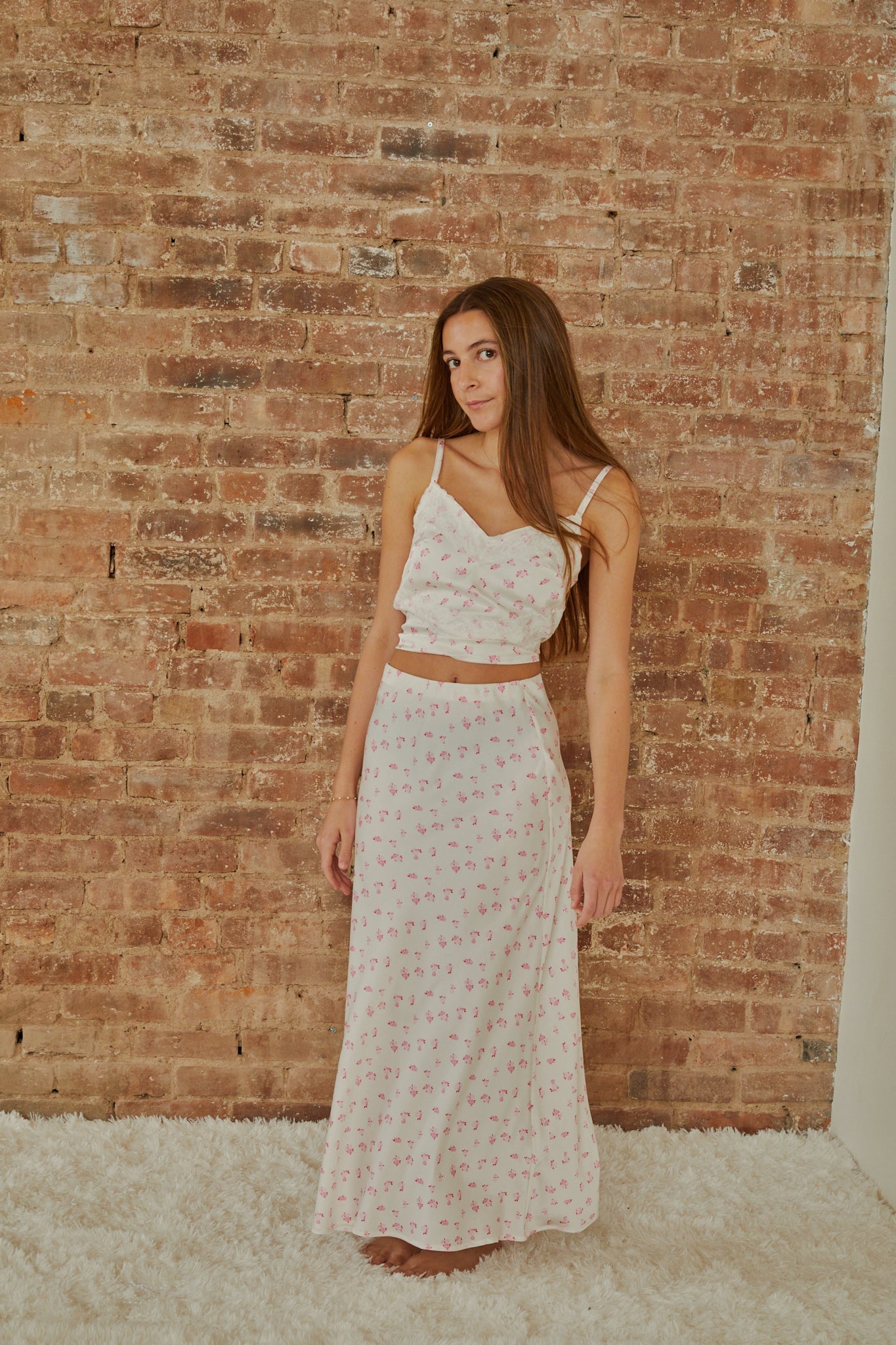 Joey White With Pastel Pink Ditsy Satin Maxi