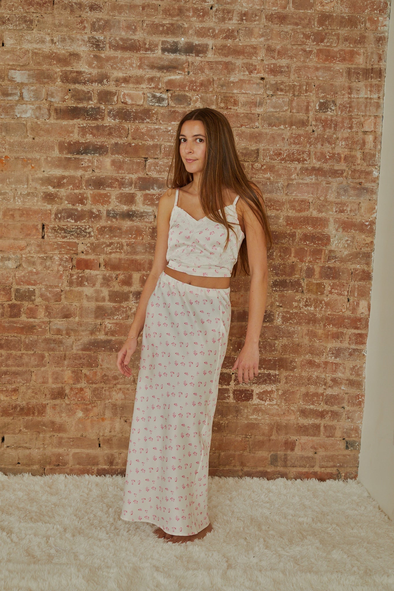 Joey White With Pastel Pink Ditsy Satin Maxi