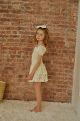 Lexi Pastel Yellow Ditsy Satin Smocked Short Sleeve Ruffle Dress