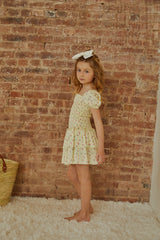 Lexi Pastel Yellow Ditsy Satin Smocked Short Sleeve Ruffle Dress