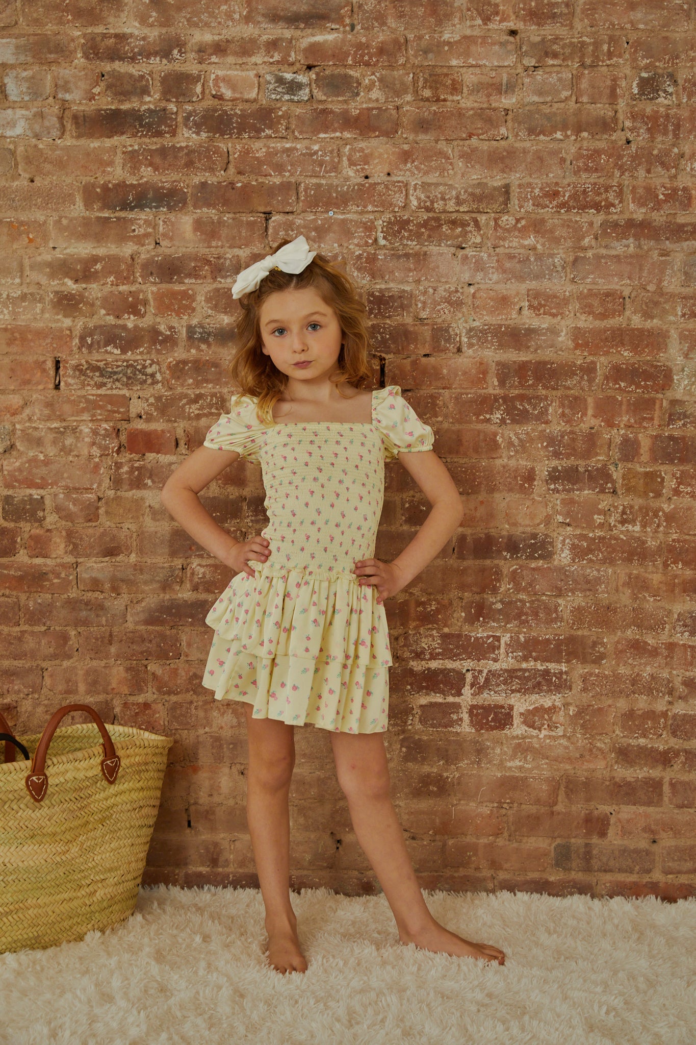Lexi Pastel Yellow Ditsy Satin Smocked Short Sleeve Ruffle Dress