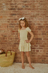 Lexi Pastel Yellow Ditsy Satin Smocked Short Sleeve Ruffle Dress