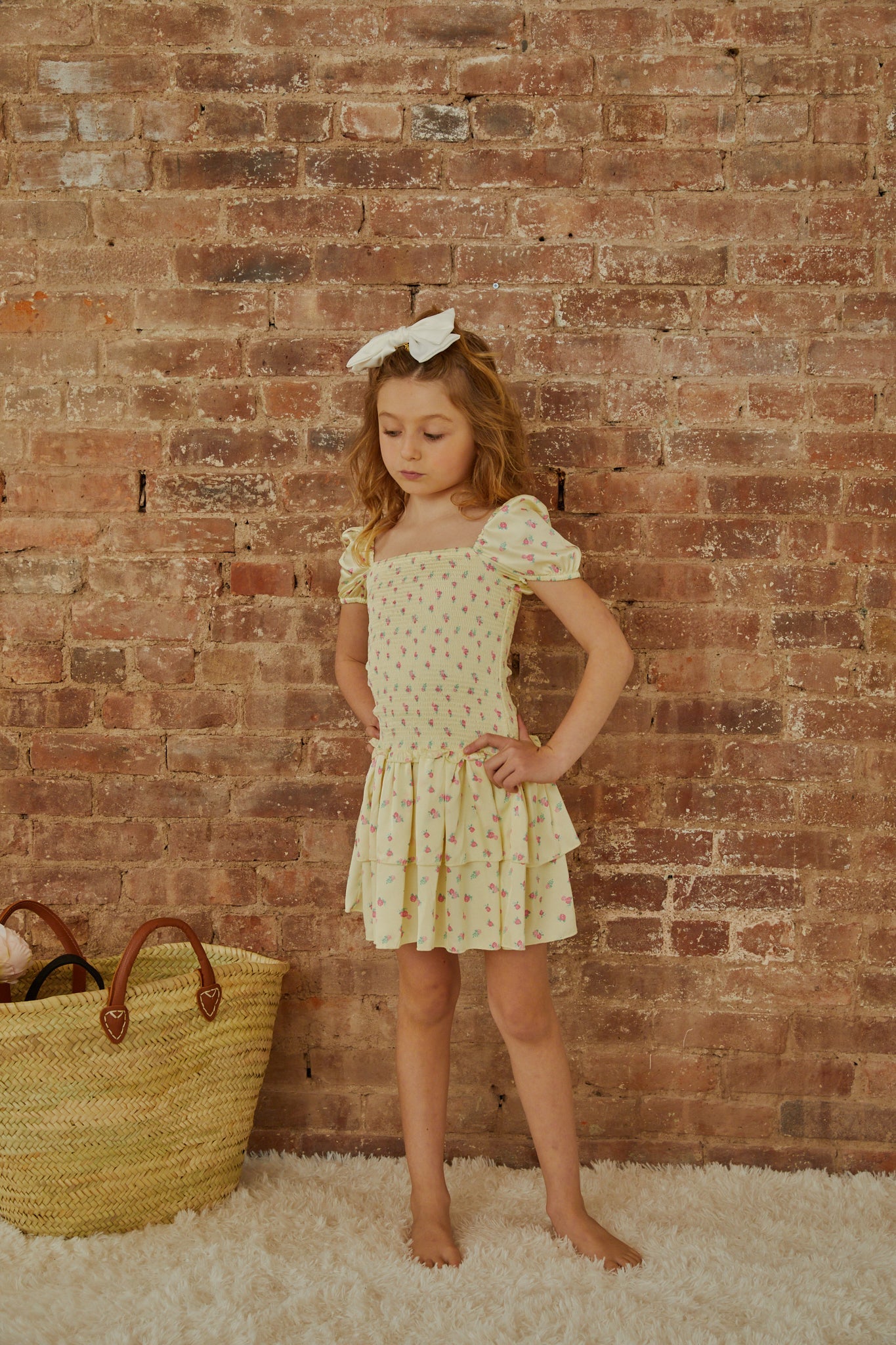 Lexi Pastel Yellow Ditsy Satin Smocked Short Sleeve Ruffle Dress