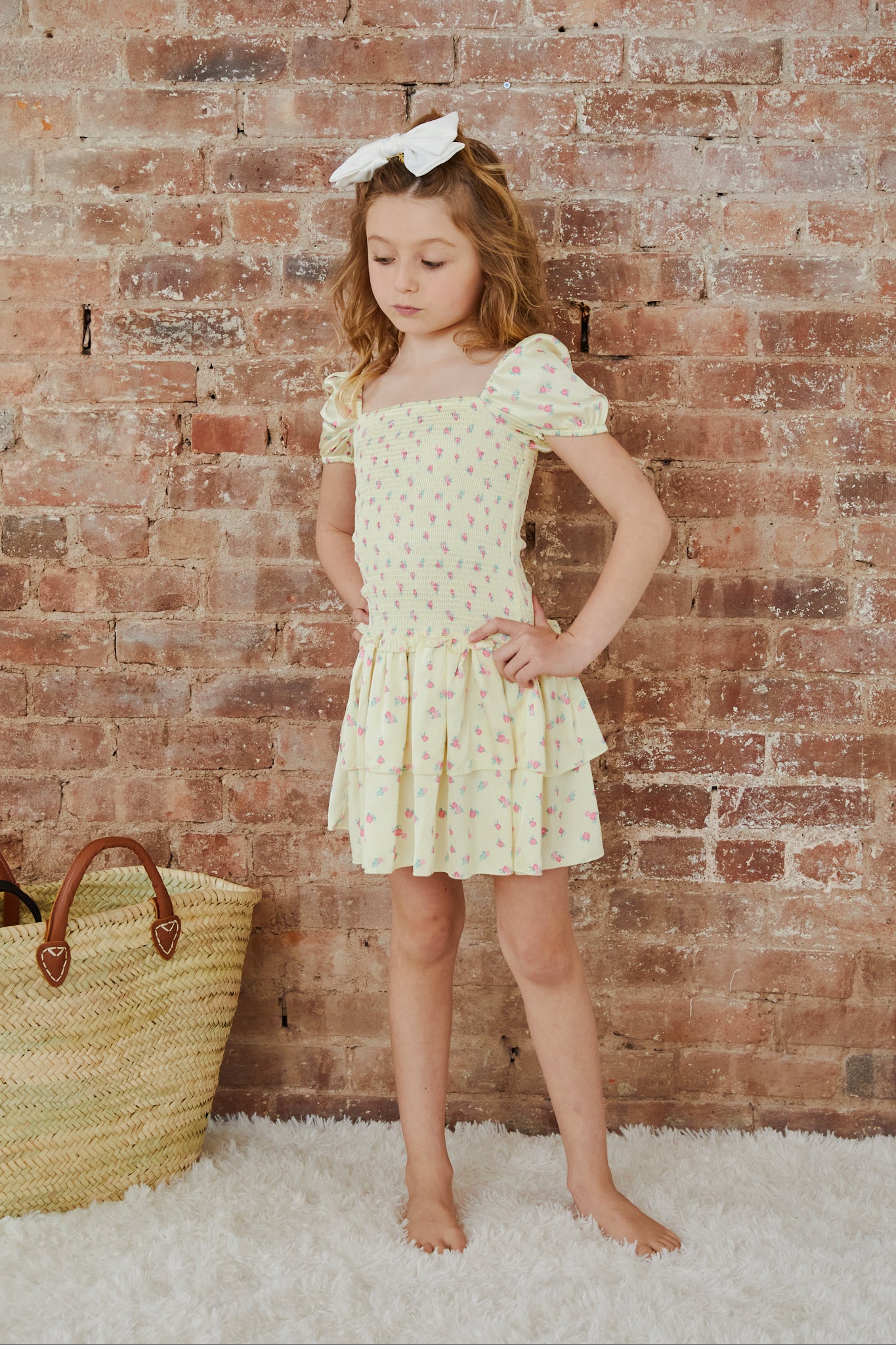 Lexi Pastel Yellow Ditsy Satin Smocked Short Sleeve Ruffle Dress