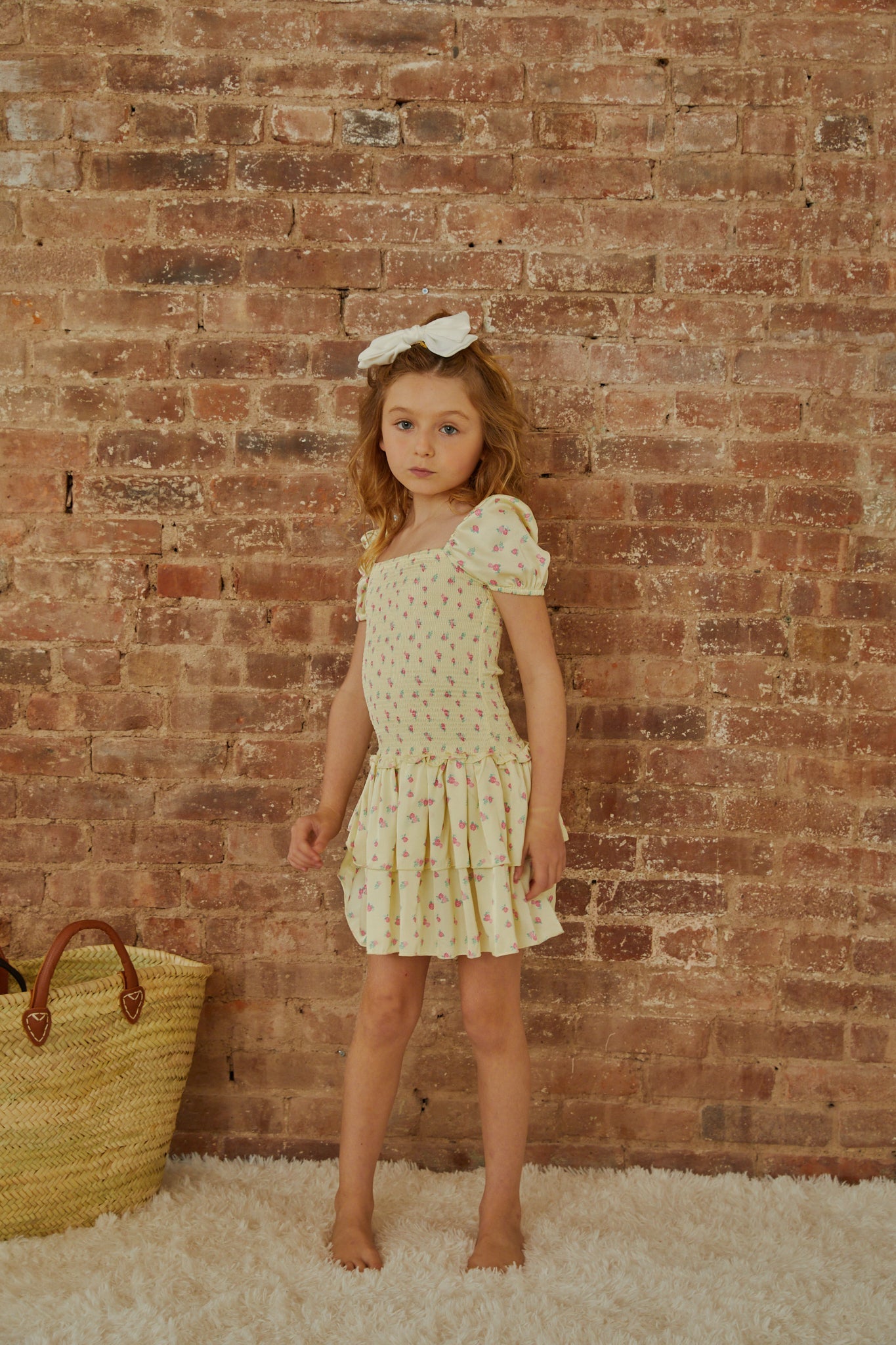 Lexi Pastel Yellow Ditsy Satin Smocked Short Sleeve Ruffle Dress